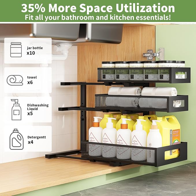 3-Tier Under Sink Organizer,2 Pack Height Adjustable Pull Out Cabinet Organizer Shelf, Thickened Metal Slide out Storage Drawer Rack for Bathroom Laundry Room Kitchen Pantry Organization (Black)