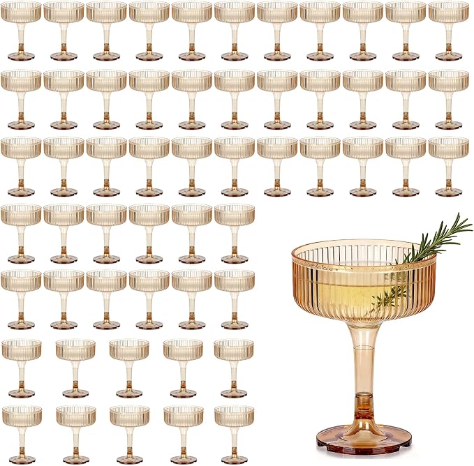 Houmury 7oz Amber Plastic Wine Glasses Unbreakable Wedding Plastic Champagne Flutes Goblet Glasses Reusable Clear Acrylic Martini Drinkware For Birthday Party (56, Amber)