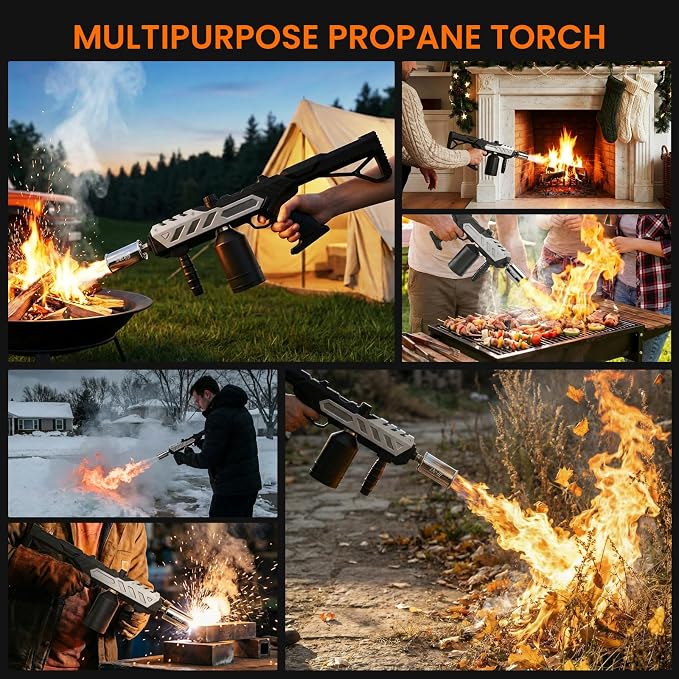 Propane Torch Gun, Detachable & Adjustable Flame Thrower Gun, 1800℃ Heavy Duty Blow Torch for BBQ, Searing Steak, Campfire Starter, Ice Melting and Soldering, Sliver (Tank Not Included)