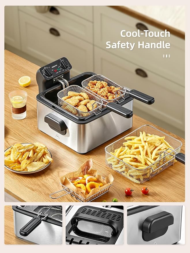 Reemix 4.5L Electric Deep Fryer with 3 Stainless Steel Baskets, 1700W, 2 x 2-Qt and 1 x 4-Qt Baskets, Viewing Window, Adjustable Timer and Temperature up to 400°F, Breakaway Cord