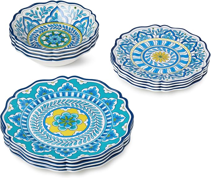 Porto 12 Pc. MELAMINE DINNERWARE SET, SERVICE for 4 – artistically designed Talavera Tile Art, Turquoise Blue Yellow Mandala