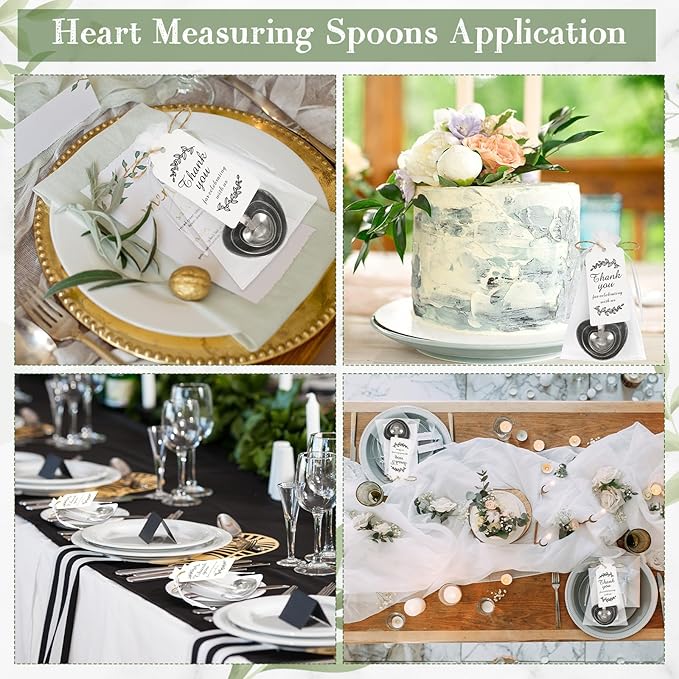 Umigy 50 Set Heart Shaped Measuring Spoon Tea Spoons Wedding Baby Shower Favors for Guests Set Heart Shape Drawstring Organza Bag Gift Tag Rope for Wedding Bridal Shower Souvenir (Silver)