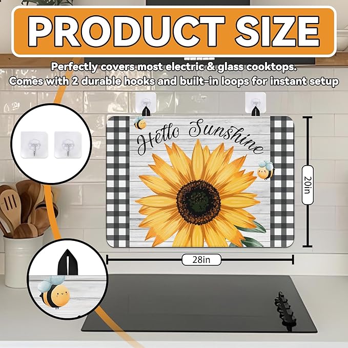 Decorative Stove Top Covers for Electric Stove 28"x20" – Heat Resistant Glass Cooktop Protector Dish Drying Mat – Non-Slip Rubber Backing Washer Top Cover Waterproof Extra Counter Space (Sunflower 1)