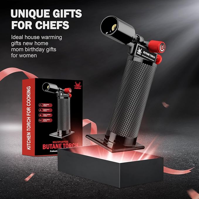 RAVS Butane torch, Kitchen Torch Lighter with Adjustable Flame & Safety Buckle, Creme Brulee Torch for Cooking, Dessert, Baking, Gifts for Men and Women (Black/Red), Butane Gas Not Included