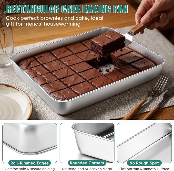E-far Lasagna Pan, Stainless Steel Rectangular Baking Pan, 12⅓x9¾x2 Inch Sheet Cake Pan Metal Bakeware Oven Tray for Brownie Casserole, No-Toxic & Heavy Duty, Rust-Resistance & Dishwasher Safe