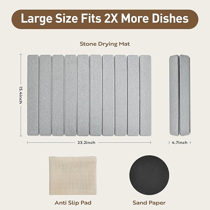 Large Stone Drying Mat for Kitchen Counter 24x16 Inch, Diatomaceous Earth Super Absorbent | Quick Dry Non-Slip Collapsible Dish Mat for Dishes Utensils Cups | Eco-Friendly Counter Protector, Grey