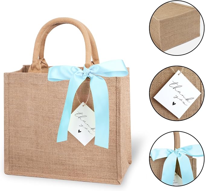 6 Pack Burlap Tote Bags with Handles Reusable Medium Jute Gift Bags with Blue Silk Ribbons Waterproof Lining for Wedding Bridesmaid Mother's Day Bachelorette Beach Party