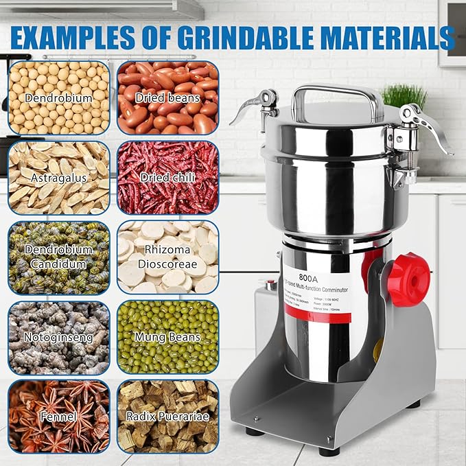 Electric Grain Mill Grinder, 800g Stainless Steel Grain Mill, 3000W High Speed Commercial Grinder Machine, Pulverizer Spice Herb for Dry Grains Cereals Coffee Corn Pepper, Swing Type