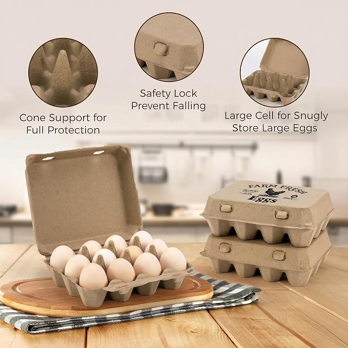 50 Pack Egg Cartons, 3x4 Style Paper Pulp Egg Trays with Printed Design, Sturdy & Reusable Egg Holder 12 Count Dozen Chicken Egg Storage Tray for Farmers, Home Use & Transport