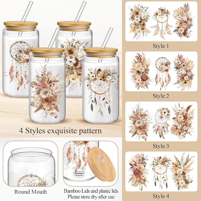 Mumufy 4 Pack Wildflower Glass Cups Gift Aesthetic Cute Glass Cup Tumbler Flower Iced Coffee Mugs 16 oz with Bamboo Lid & Straw, for Wedding Birthday Bridesmaid Mom Baby Shower