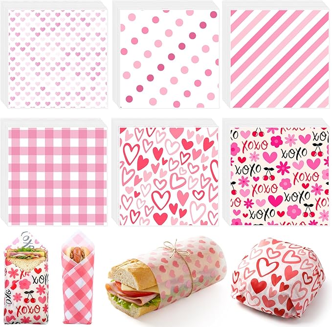 Reallnaive 300 Pcs Valentine Wax Paper Sheets for Food 12 x 12 Inch Pink Heart Parchment Deli Tissue Paper Sandwich Wrapping Sheets Food Basket Liners for Kitchen Restaurant Baking Supplies, 6 Styles
