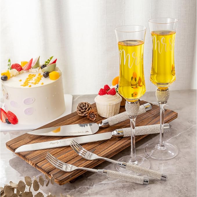 Wedding Cake Knife and Server Set, 6 Pieces Mr and Mrs Champagne Flutes Glasses and Cake Cutting Set for Wedding, Bridal Shower Gifts, Engagement Gifts for Couples