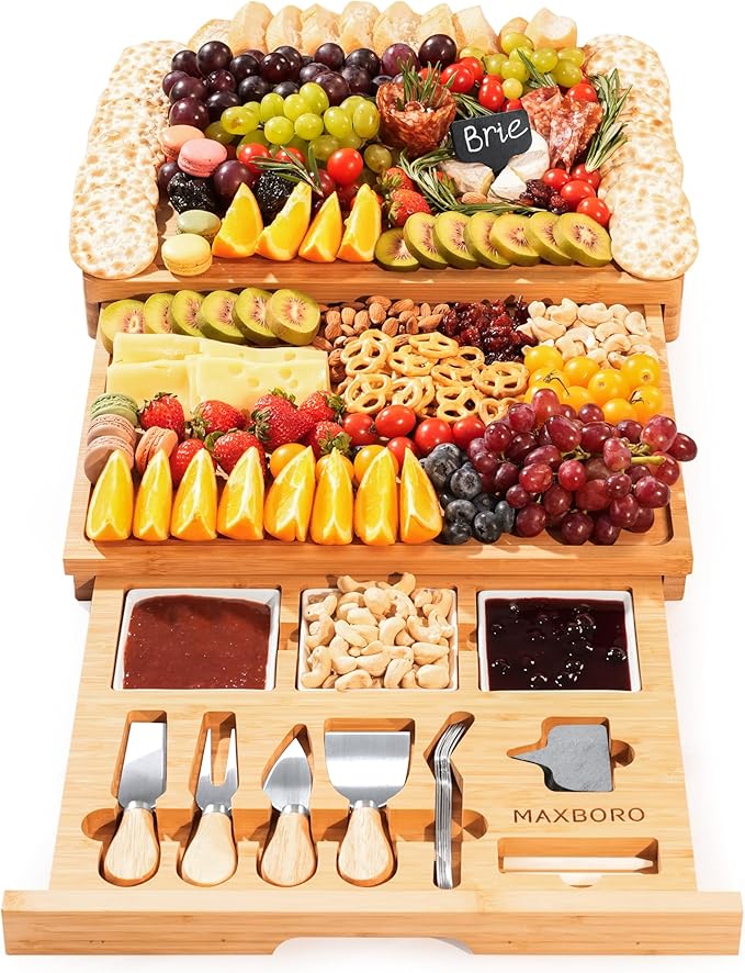 Extra Large 33.7x15.7 inch Charcuterie Boards Gift Set, 100% Bamboo Cheese Board and Knife Set, Cool Meat Cheese Platter Tray, House Warming Gifts New Home, Ideas for Women Mom