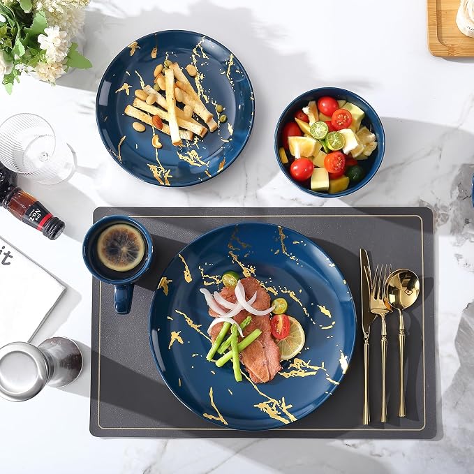 Modern Porcelain 16 Piece Blue Dinnerware Set,Plates and Bowls Sets,Gold Dish Set for 4,Blue Dinnerware Set,Dinner Sets with Dinner Plates.