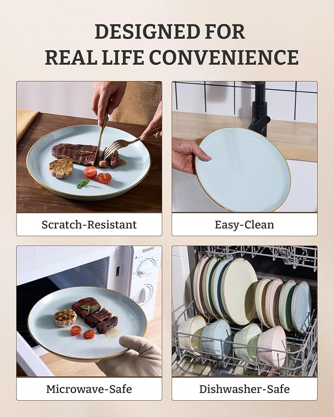 Famiware Saturn Stoneware Dinnerware Sets for 8 (24 Pieces), Ceramic Plates and Bowls Dish Sets with Hand-Painted Trim - Chip & Scratch Resistant, Microwave & Dishwasher Safe Tableware, Light Blue