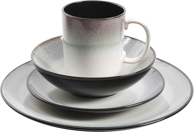 Gibson Elite Rings of Saturn Round Reactive Glaze Stoneware Dinnerware Set, Service for Four (16pcs), Teal Blue