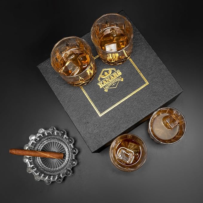 KANARS Old Fashioned Whiskey Glasses - 3 Designs Bourbon Glass 10 oz with Luxury Box - Ultra Clear Crystal Rocks Barware for Scotch, Irish Whisky, Rum and Cocktail, Men Gift for Father's Day