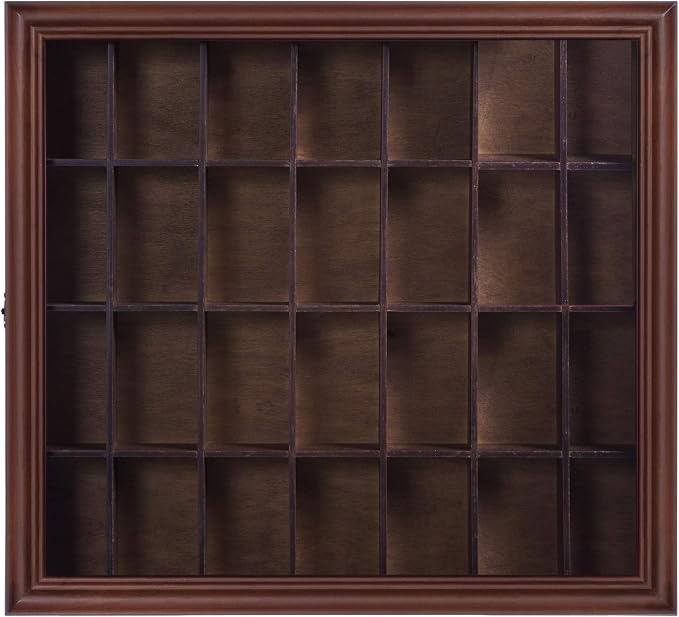 Gallery Solutions - 18x16 Shot Glass Collection - Walnut Collectable Display Case - Hinged Front - 28 Display Slots for Shot Glasses - Bar, Home, Office Accessories