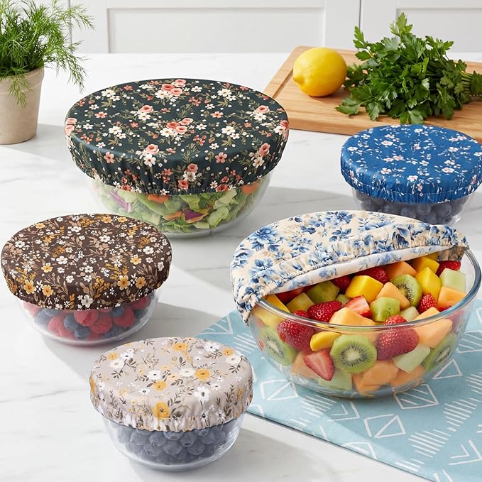 Patelai 10 Pcs Bowl Covers Reusable in 5 Size Stretch Cloth Fabric Elastic Food Storage Bowl Covers Bread Sourdough Lids for Proofing Food Fruits Leftover(Dark Color,Floral Print Style)