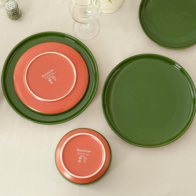6 Piece Dinnerware Set, Dual Glaze Stoneware Plates and Bowls Sets, Modern Dinner Plate, Salad Plate, Cereal Bowl, Dish Set for 2, Microwave and Dishwasher Safe, Forest Glaze Green