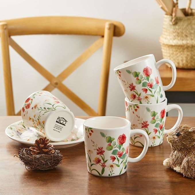 Bico Summer Provence Ceramic Coffee Mugs Set of 4, 18 oz Large Tea Cups with Handle, Aesthetic Latte Mugs for Cappuccino Cocoa, Lead-Free, Dishwasher and Microwave Safe, Housewarming Gift
