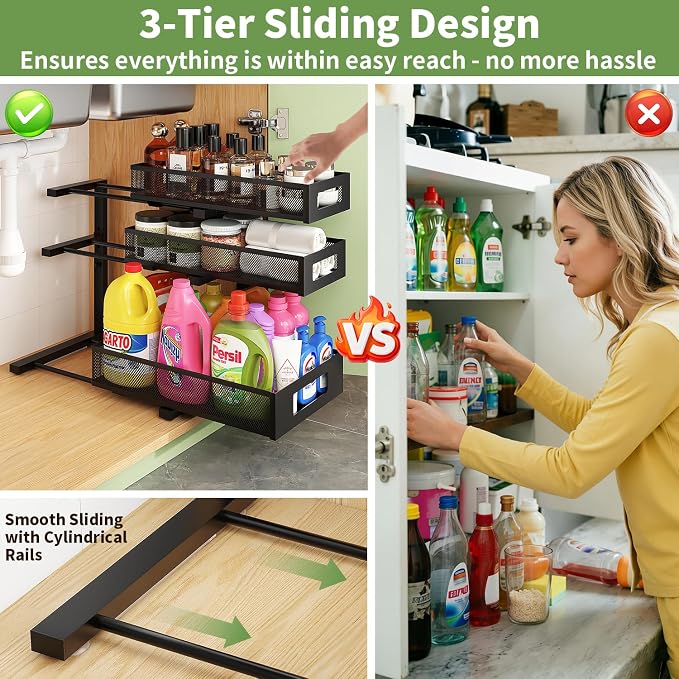 3-Tier Under Sink Organizer,2 Pack Height Adjustable Pull Out Cabinet Organizer Shelf, Thickened Metal Slide out Storage Drawer Rack for Bathroom Laundry Room Kitchen Pantry Organization (Black)