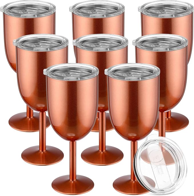 Yinder 8 Pcs Stemmed Stainless Steel Wine Glasses, 12 oz Stainless Wine Goblet with Lids Double Wall Insulated Unbreakable Goblets Insulated Stem Tumbler for Friendship Birthday Party (Rose Gold)
