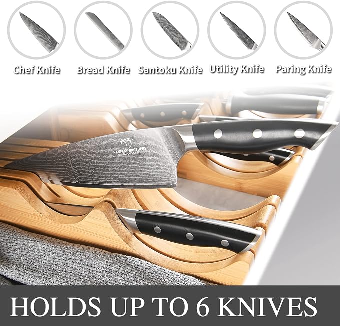 In-Drawer Knife Block with 5 Pieces Japanese Damascus Knives, Bamboo Knife Drawer Organizer with 67-Layer Damascus Steel, Perfect for Home and Chefs, Slots for 5 Knives Kitchen Drawer, Counter Top