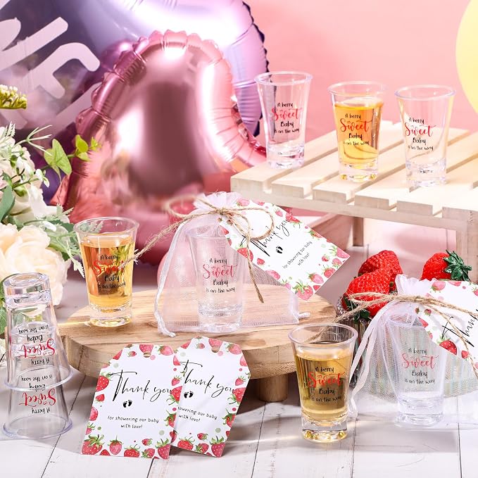 Pickmesh 25 Sets Sweet Strawberry Baby Shower Shot Glasses for Guests Include Acrylic Clear Shot Glasses Sweet Barry Cards Organza Bags Favors for Gender Reveal Party Supplies