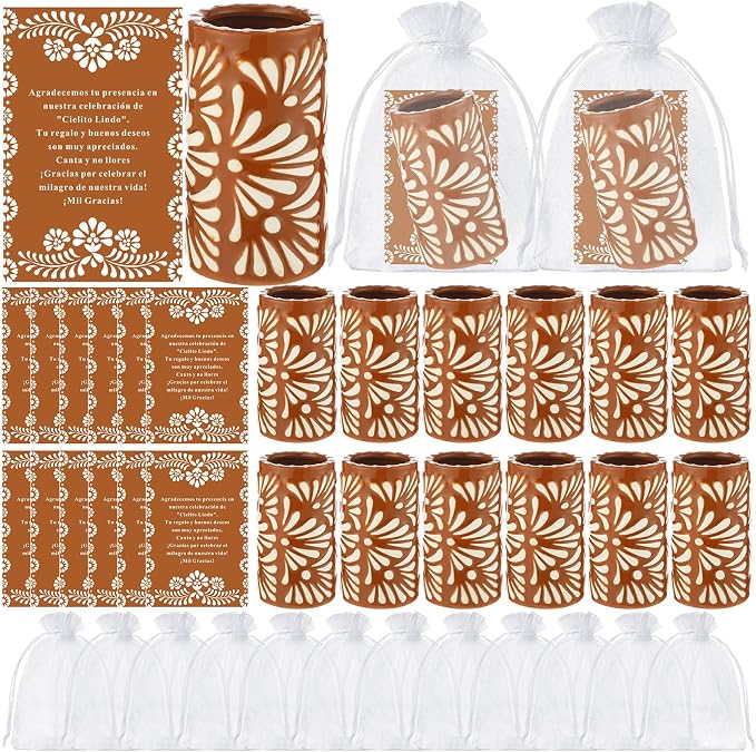 12 Set Cielito Lindo Party Favors Mexican Tequila Shot Glasses Mexican Pottery Gift Mugs for Tequila Lover Favors Birthday Party Supplies (Terracotta, Handleless)