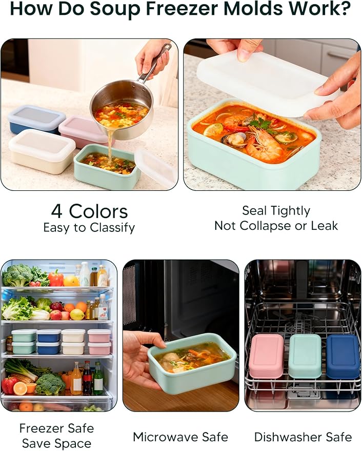8 PCS 2 Cup Silicone Freezer Molds with Lid, Meal Prep Freezer Molds Silicone Freezer Containers Reusable Food Preserving Tray Freezing Ice Trays for Soups Sauces Stews
