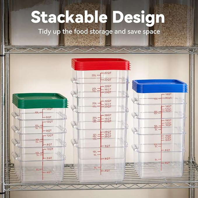 4 Pack Food Storage Containers with Red Lids, 12.0 Qt - Square, Clear, Polycarbonate, for Restaurant Commercial Kitchen and Home party