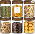 CONNOO 28oz Glass Storage Jars with Wood Lids (6-Pack) – Includes 120 Pre-Printed Waterproof White Kitchen Labels – Airtight Pantry Containers for Rolled Oats, Pasta & Cereals