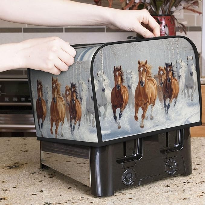 4 Slice Toaster Cover for Kitchen Horses Snow Winter Waterproof and Dustproof Oxford Fabric Toaster Dust Cover with Side Pockets Decorative Universal Cover for Wide Slot Toasters and Small Appliances