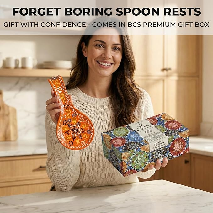 BCS Ceramic Spoon Rest, Large 9” Hand Painted Spoon Holder for Stove Top & Kitchen Counter, Dishwasher Safe & Heat Resistant Utensil Holder, Floral Kitchen Decor, Handmade Pottery