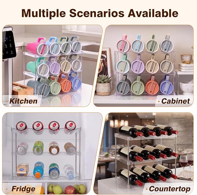 Large Compartment Water Bottle Organizer, Stackable Water Bottle Holder for Stanley 40 oz Tumbler, Clear Tumbler Organizer for Cabinet, Kitchen Pantry or Countertop, 3 Pack (3 Pack)