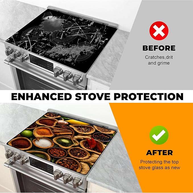 Heat-Resistant Glass Stove Top Cover with Anti-Slip Rubber Coating – Electric Stove Protector, Scratch-Resistant, Expands Counter Space, Stylish Kitchen Decor (Spices)