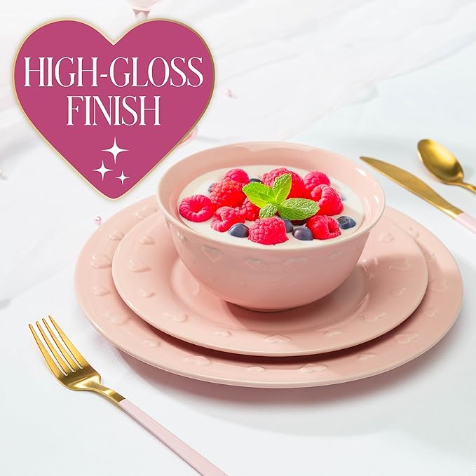 Paris Hilton 12-Piece Dinnerware Set, Embossed Hearts. Iconic Ceramic Stoneware Service for 4 with Dinner Plates, Salad Plates, and Bowls, Microwave & Dishwasher Safe, Pink