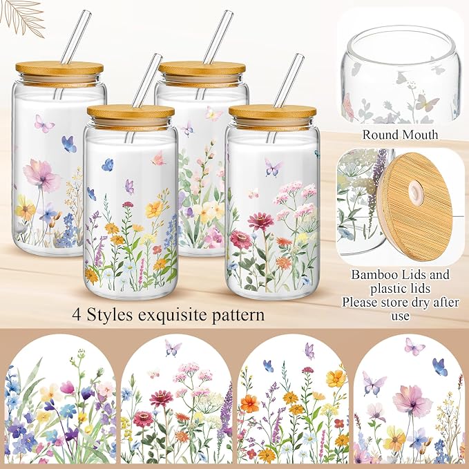 Mumufy 24 Pack Wildflower Glass Cups Gift Aesthetic Cute Glass Cup Tumbler Flower Iced Coffee Mugs 16 oz with Bamboo Lid & Straw, for Wedding Birthday Bridesmaid Mom Baby Shower