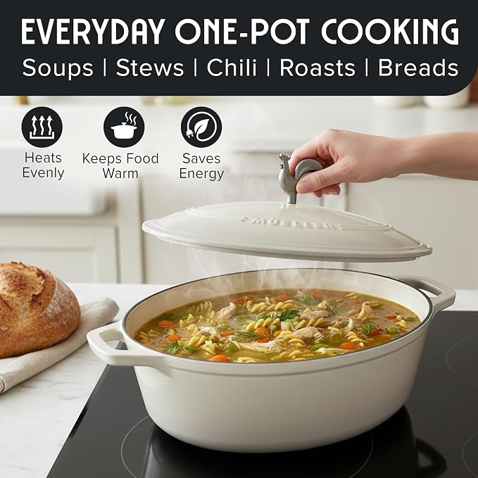 MUELLER HOME 5.5 Quart Enameled Cast Iron Oval Dutch Oven with Rooster Knob & Cotton Potholders, Heavy-Duty Cookware, Oven-Safe up to 500° F & Across All Cooktops, Gifts for Grandma & Women, White