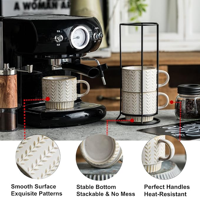 Miamolo Coffee Mugs Set of 4 with Spoons & Stand, Stacking Save the Space | Stackable, Ceramic, 13oz Coffee Mug, for Drinks Latte Cappuccino Tea, for Housewarming Birthday Gift, Dishwasher Safe