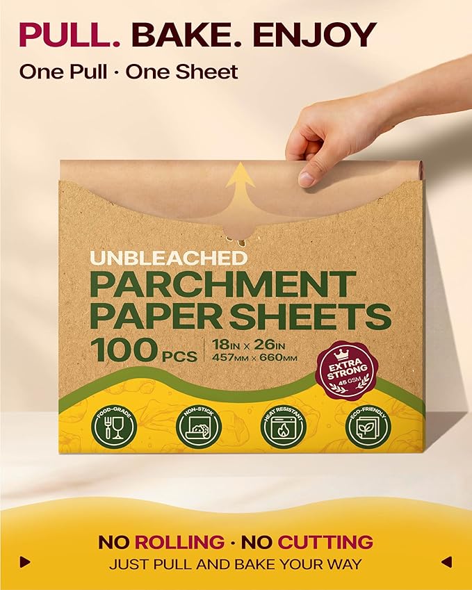 Katbite Parchment Paper Sheets Heavy Duty, 18x26 Inches 100 PCS Precut Baking Parchment, Unbleached, Non-stick, Non-toxic, Extra Strong, Flat Baking Paper for Oven, Cooking, Grilling, Air Fryer