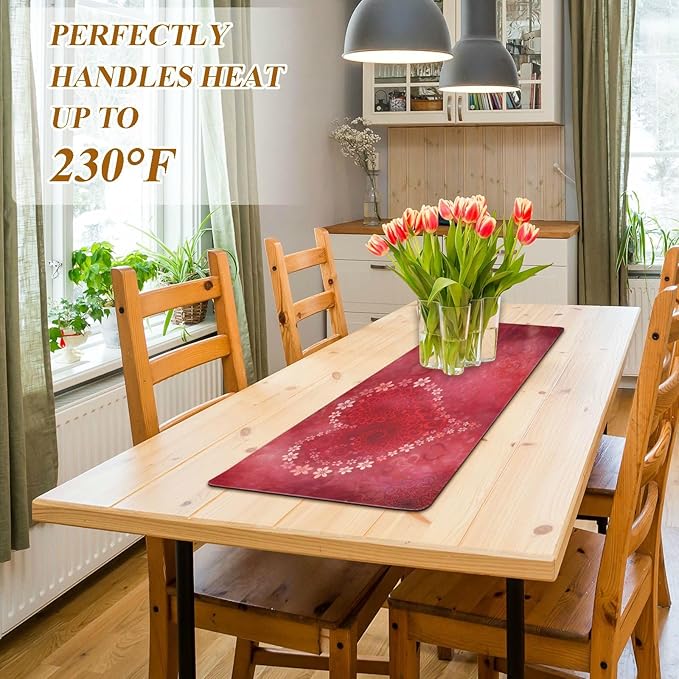 Valentines Trivet Table Runner 40 Inches Long Floral Heart Print Heat Resistant Hot Pad Multi Purpose Mat for Hot Pots Pans Kitchen Countertops