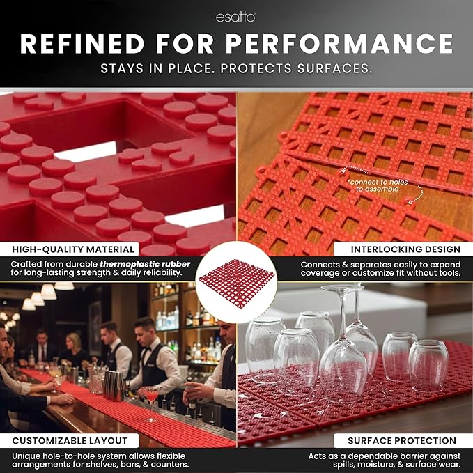 Esatto Interlocking Shelf Mats – for Spills, Clean Bars, Stain Protection, and an Anti-Slip Surface (6, Red)