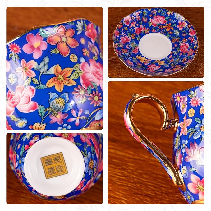 KAMMAK Tea Cups and Saucers Set of 2, Porcelain Coffee Cups, 6.3oz Stackable Espresso Mugs, Ceramic Demitasse for Coffee, Latte, Americano, Tea (643N+644N)