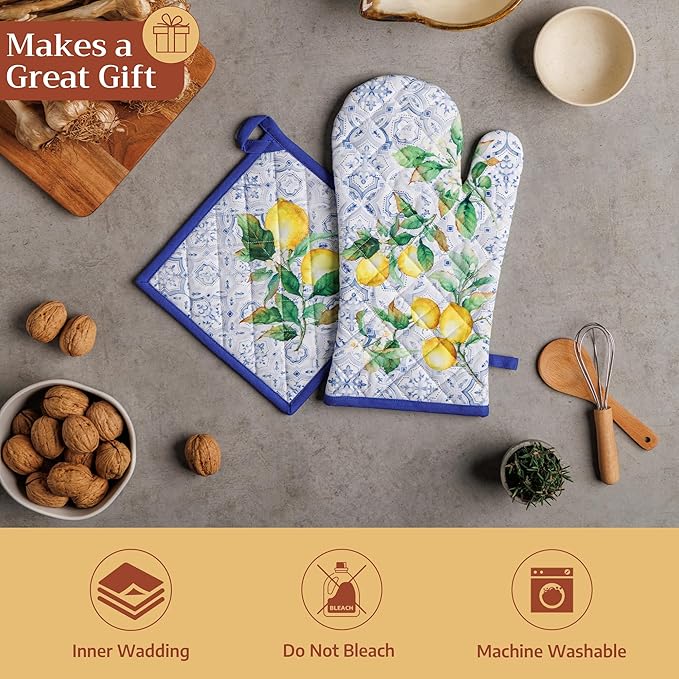Maison d' Hermine Pot Holders 100% Cotton Heat Resistant Potholders 8" x 8" Hot Pads with Loop BBQ Cooking Baking Gifts for Mothers Day Handling Hot Pans Spring/Summer (Pack of 1, Citrus)