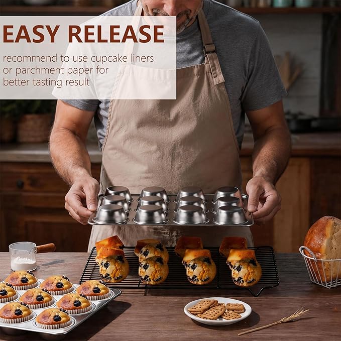 LIANYU Muffin Pan 12 Cups, Stainless Steel Cupcake Muffin Tin for Baking, Regular Size Metal Cupcake Baking Tray for Mini Muffins, Quiche, Brownie, Oven & Dishwasher Safe