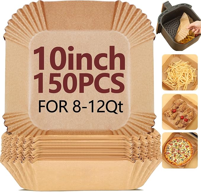 10 Inch Air Fryer Liners Disposable-150PCS Square Parchment Paper Liners,Heat Resistant & Non-Stick,Unbleached Liners for Air Fryer,Oven,Roasting,Baking,Microwave（Bottom is 9 Inch）
