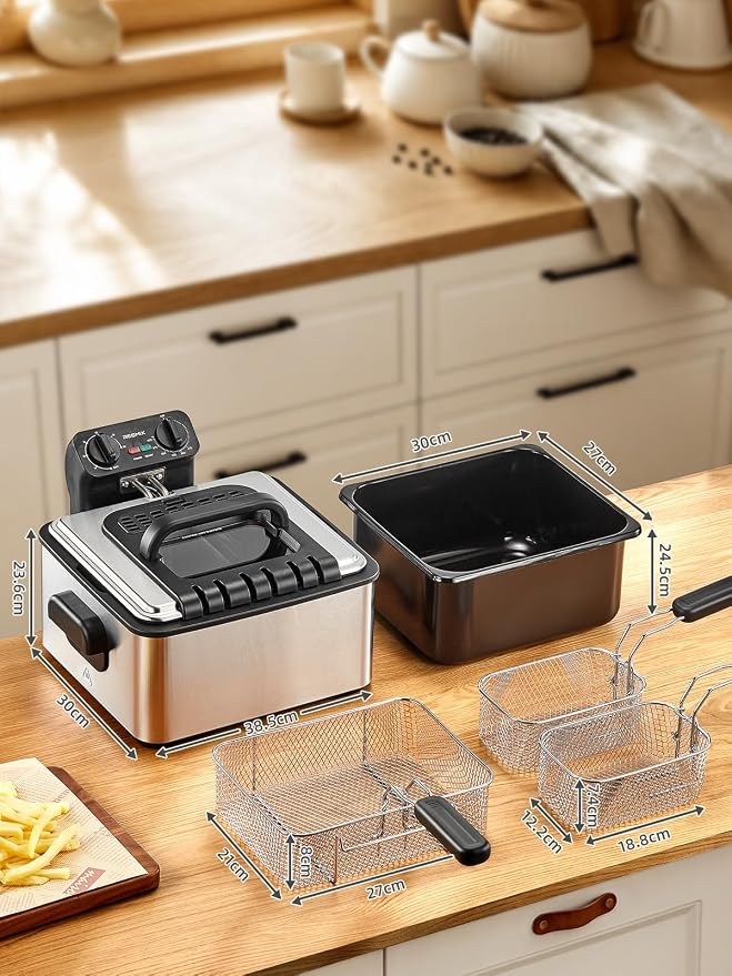 Reemix 4.5L Electric Deep Fryer with 3 Stainless Steel Baskets, 1700W, 2 x 2-Qt and 1 x 4-Qt Baskets, Viewing Window, Adjustable Timer and Temperature up to 400°F, Breakaway Cord