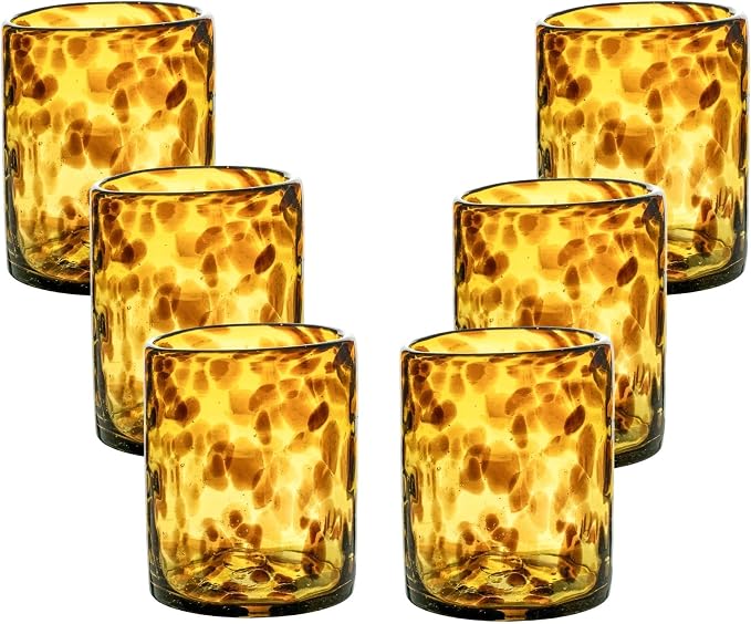Tortoise Shell Hand Blown Tumbler Glasses Set of 6 | Amber Drinking Glasses | Mexican Glassware | 10 oz tumbler | Hand blown Mexican Drinking Glasses for Cocktails, Wine & Tequila